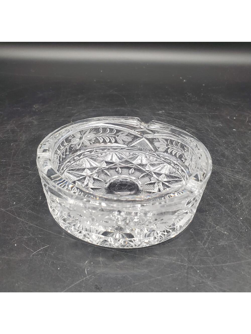 Vintage Cut Glass Crystal Ashtray Starburst Floral Pattern 4.5 Inch